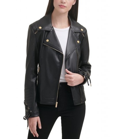 Women's Faux-Leather Asymmetric Moto Coat Black $54.00 Coats