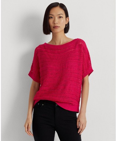Women's Cotton Mesh Short-Sleeve Sweater Pink $57.35 Sweaters
