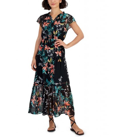Petite Floral-Print Flutter-Sleeve Tie-Neck Tiered Maxi Dress Black $38.71 Dresses