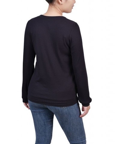Petite Long Sleeve Ribbed Imitation Pearl Trimmed Top Black $32.40 Tops