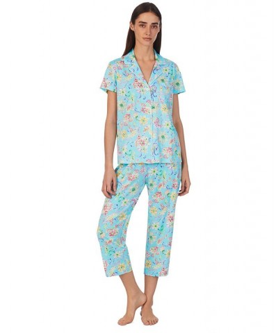 Women's Notch-Collar Woven Capri Pajama Set Watercolor Floral $36.80 Sleepwear