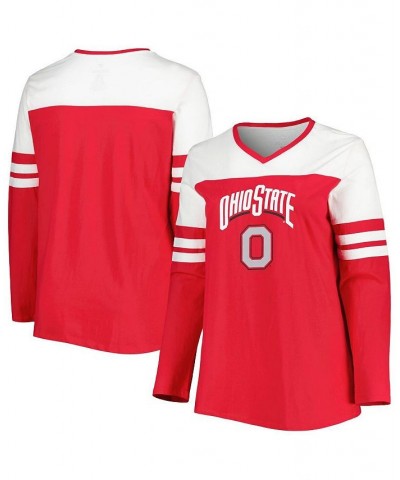 Women's Scarlet Ohio State Buckeyes Plus Size Long Sleeve Stripe V-Neck T-shirt Scarlet $22.00 Tops