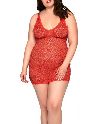Plus Size Marvella All Lace Easy to Wear Stretch Chemise & Panty 2pc Lingerie Set Red $36.85 Lingerie