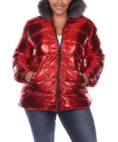 Plus Size Metallic Puffer Coat with Hoodie Red $37.06 Coats