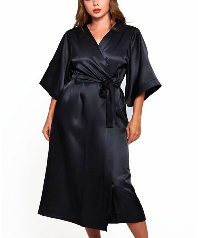 Victoria Plus Size Satin 3/4 Sleeve Long Robe Black $44.52 Lingerie