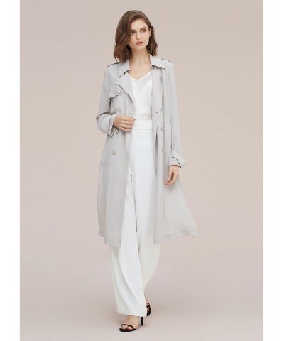 Women's Classic Double-Breasted Silk Trench Coat Gray $81.51 Coats