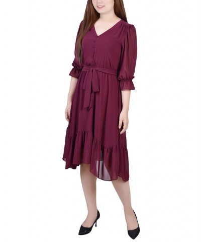 Petite 3/4 Sleeve V-neck Flounced Dress Purple $15.60 Dresses