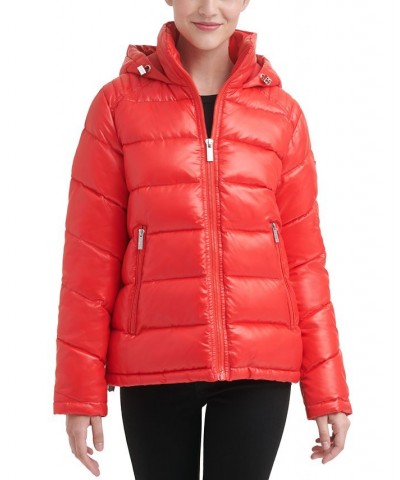 Women's High-Shine Hooded Puffer Coat Hot Crimson $57.20 Coats