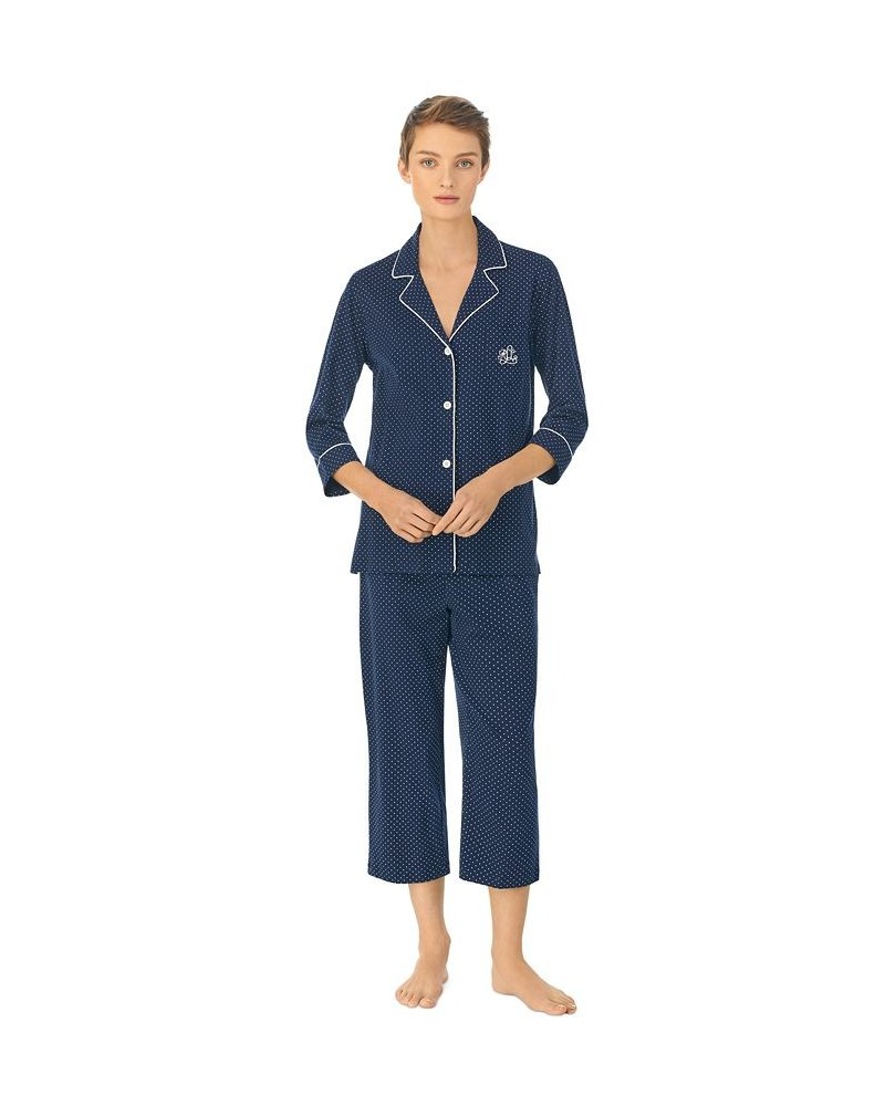 Womens 3/4 Sleeve Cotton Notch Collar Capri Pant Pajama Set Navy Dot $38.22 Sleepwear