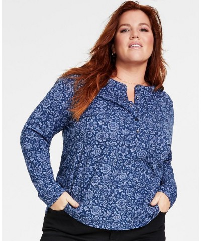 Plus Size Printed Knit Shirt Blue Floral $11.13 Tops