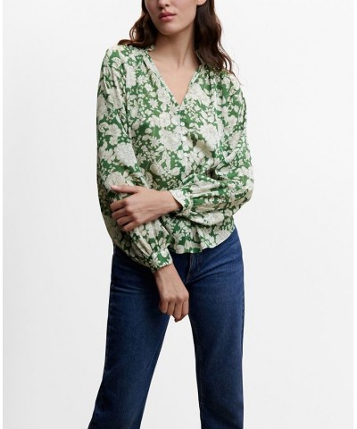 Women's Buttoned Floral Blouse Green $26.40 Tops