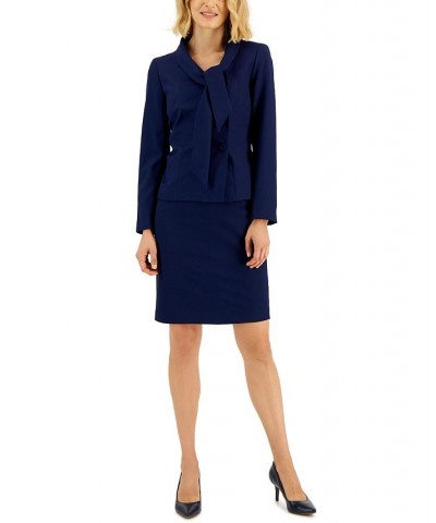 Crepe Tie-Collar Jacket & Pencil Skirt Regular and Petite Sizes Blue $61.28 Suits