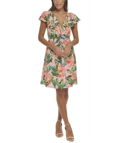 Women's Printed Knot-Front Flutter-Sleeve Dress Pink Multi $48.64 Dresses