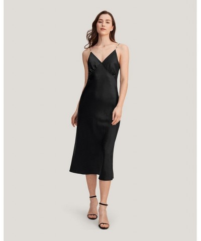 Women's Elegant V Neck Silk Dress With Pearl Black $52.39 Dresses