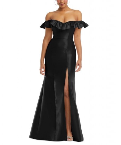 Women's Off-The-Shoulder Ruffled High-Slit Gown Black $103.23 Dresses