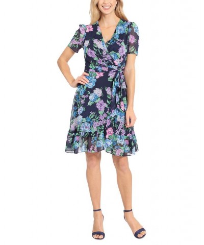 Petite Floral-Print Puff-Sleeve Faux-Wrap Dress Navy/Blue $26.55 Dresses