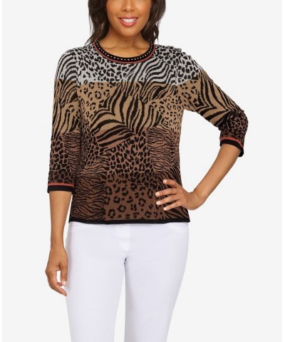 Petite Size Classics Ombre Animal Jacquard Sweater Brown $27.00 Sweaters