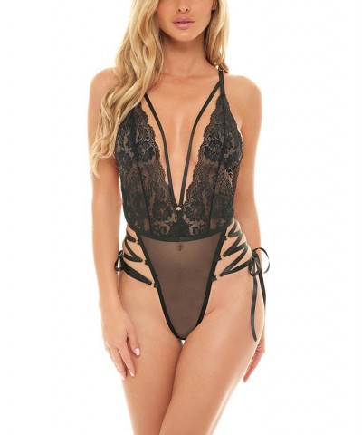 Women's Sloane Soft Cup Deep Plunge Teddy with Lace Up Ribbon Detailing Black $17.56 Lingerie