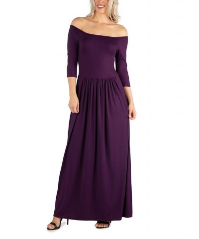 Women's Off Shoulder Pleated Waist Maxi Dress Purple $26.69 Dresses