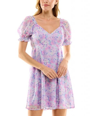 Juniors' Floral-Print Puff-Sleeve Dress Purple Multi $27.73 Dresses