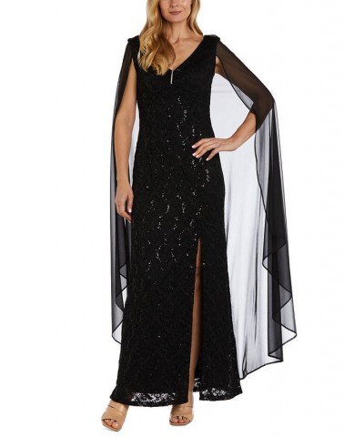 Women's V-Neck Cape-Detail Leg-Slit Gown Black $50.75 Dresses