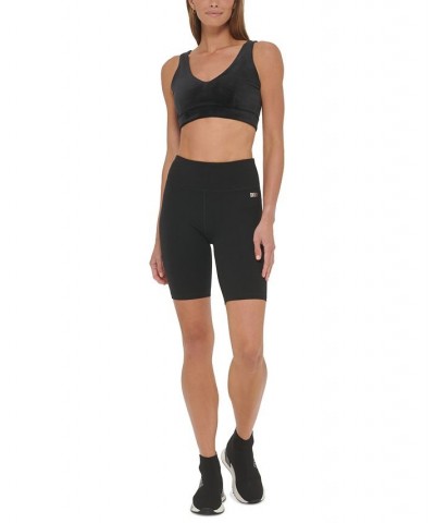 Women's High Waist Metallic Logo Print Bicycle Shorts Black $16.19 Shorts