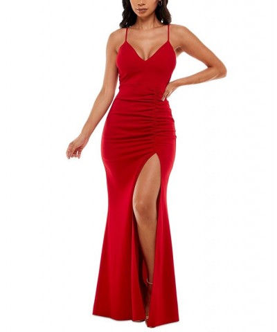 Juniors' Ruched Side-Slit Slim Gown Red $35.55 Dresses