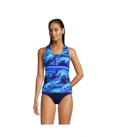 Women's Chlorine Resistant Zip Front Tankini Swimsuit Top Electric Blue Multi/Swirl $41.83 Swimsuits