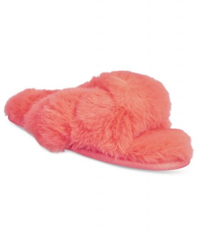 Women's Faux-Fur Solid Crossband Slippers Resort Coral $12.45 Shoes