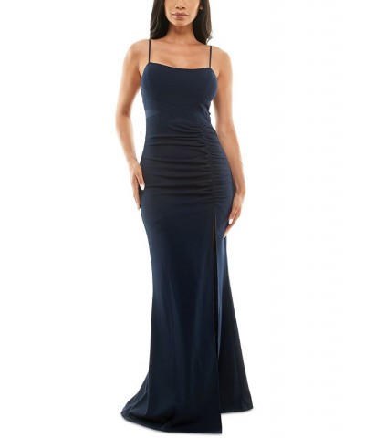 Juniors' Mesh-Trim Ruched Gown Navy $35.55 Dresses