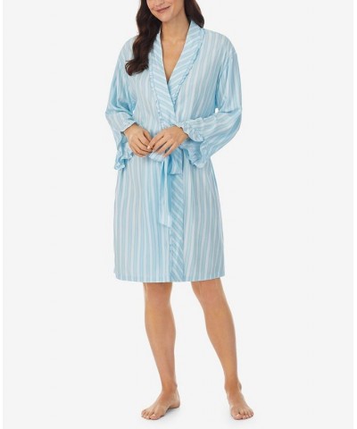 Women's Short Wrap Ruffle Robe Blue Stripe $45.00 Sleepwear