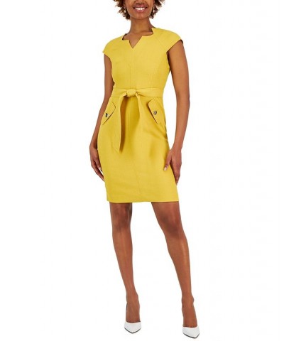 Women's V-Neck Belted Cap-Sleeve Sheath Dress Tan/Beige $43.60 Dresses