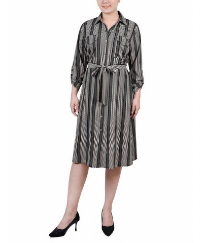 Women's 3/4 Sleeve Roll Tab Shirtdress with Belt Hoffy Doeskin and Black $20.72 Dresses