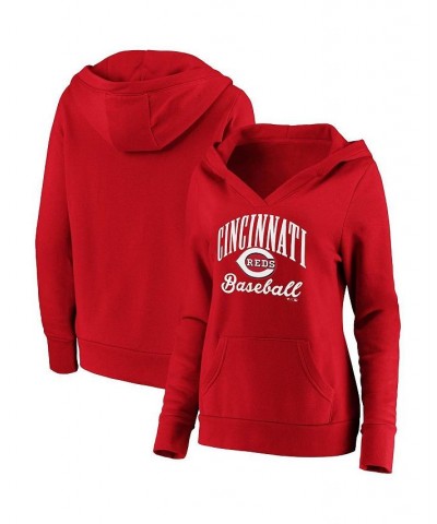 Women's Branded Red Cincinnati Reds Victory Script Crossover Neck Pullover Hoodie Red $43.99 Sweatshirts