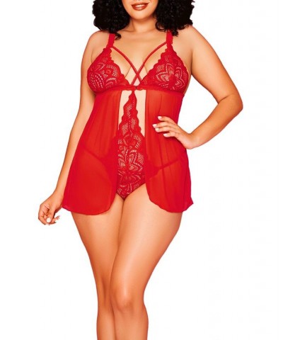 Stella Plus Size Galloon Lace and Mesh Soft Cup Babydoll with Connected Bodysuit Inside and Flyaway Front Red $44.83 Sleepwear